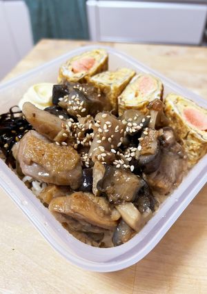 鶏肉と秋野菜照り焼き&舞茸バターご飯弁当-レシピのメイン写真