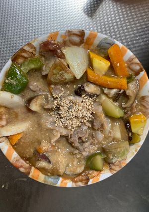 レンジ根菜茄子梅レモンウスター味甘酢豚-レシピのメイン写真