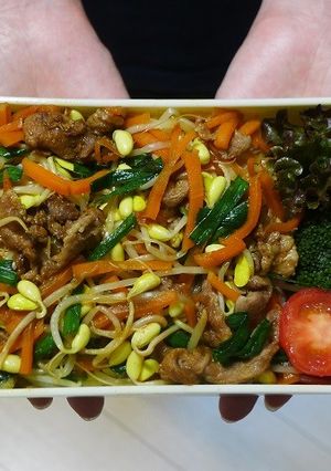 豚肉と豆もやしとにんじんとニラの丼弁当-レシピのメイン写真