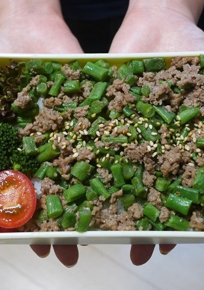 レンジで簡単★いんげんとひき肉の丼弁当-レシピのメイン写真