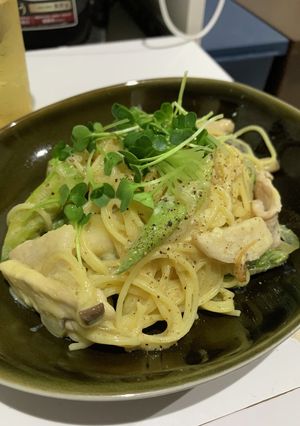 豚肉ときのことアスパラの豆乳カルボナーラ-レシピのメイン写真