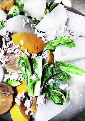ミンチ炊き(大根、柿)！厨房ばあばぁ！-レシピのメイン写真