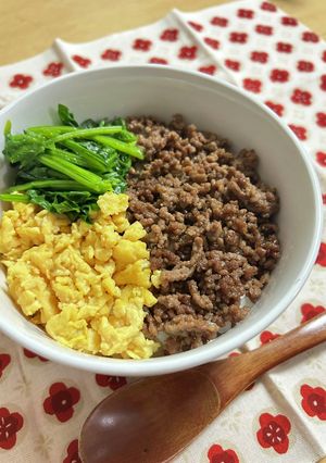 【一品料理】牛ひき肉の甘辛三色丼-レシピのメイン写真