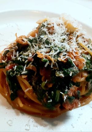 三陸エビと春菊のトマトパスタ-レシピのメイン写真