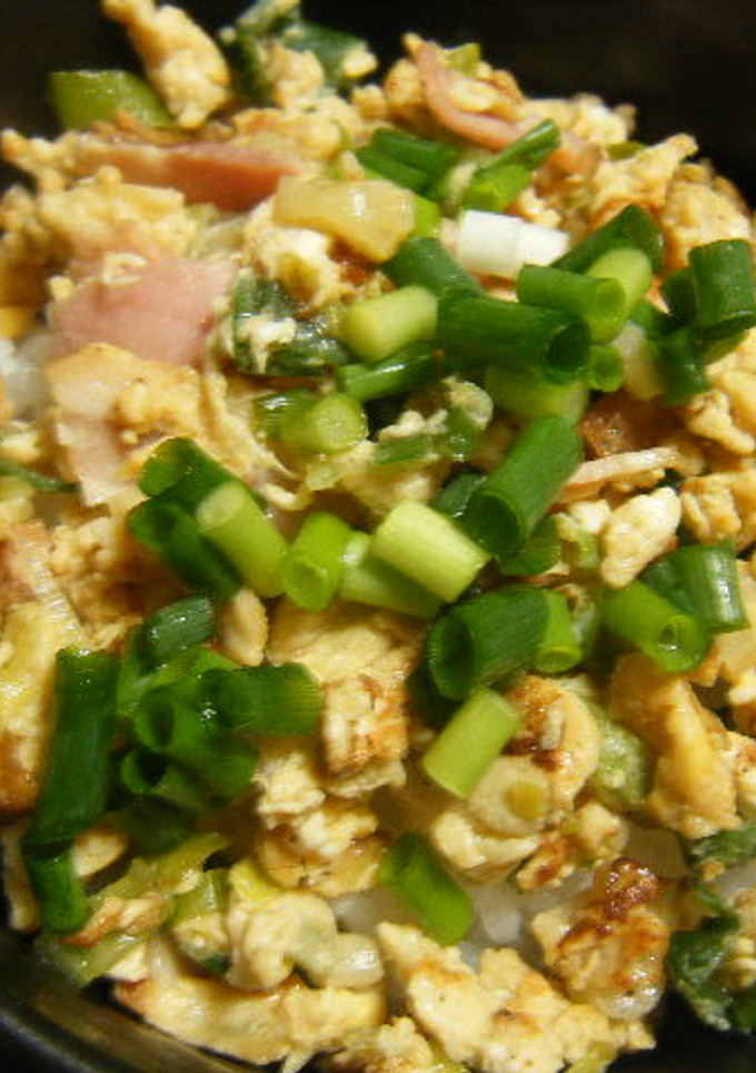 簡単★長ﾈｷﾞ緑（葉?）の部分で炒り卵丼-レシピのメイン写真