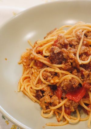 ハンバーグで作るミートソースパスタ-レシピのメイン写真