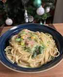 小松菜とベーコンのコーンクリームパスタ