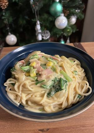 小松菜とベーコンのコーンクリームパスタ-レシピのメイン写真