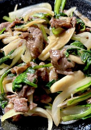 牛肉と春菊の柚子胡椒ポン酢炒め-レシピのメイン写真
