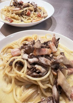 舞茸ゴロゴロっ!ベーコンのクリームスパ-レシピのメイン写真
