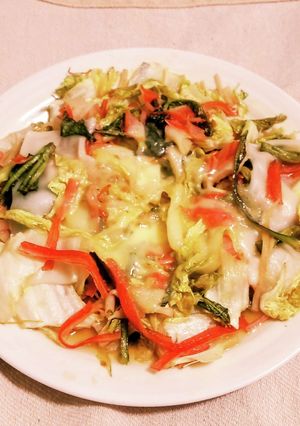 “白菜菊名春菊麺汁カニかま餅チーズ和え”-レシピのメイン写真