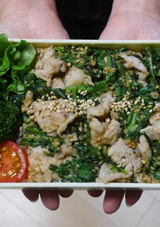 レンジで簡単★豚肉と春菊のごま和え丼弁当-レシピのメイン写真