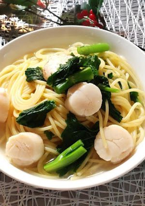 菜の花とホタテのスープパスタ-レシピのメイン写真