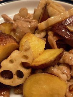 新潟産さつまいも・蓮根・豚肉の甘酢炒め-レシピのメイン写真