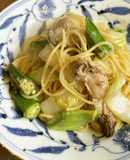 牡蠣と野菜のニンニク醤油味スパゲッティ
