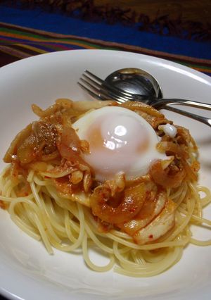 ☆温泉卵でとろ～り豚キムチパスタ☆-レシピのメイン写真