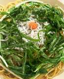 水菜としそとしらすのバター醤油パスタ
