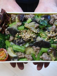 レンジ簡単★ひき肉となすと小松菜の丼弁当-レシピのメイン写真
