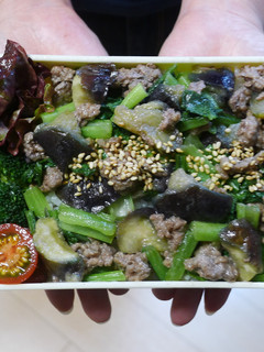 レンジ簡単★ひき肉となすと小松菜の丼弁当-レシピのメイン写真