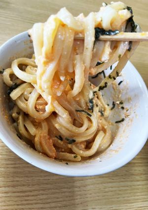 レンジのみ！明太子カルボナーラうどん-レシピのメイン写真