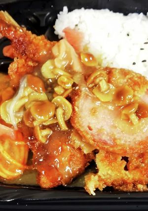 “鯵フライハムカツナポサラなめ茸餡かけ”-レシピのメイン写真