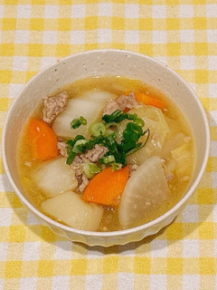 【汁物】生姜でポカポカ♪ひき肉で簡単豚汁-レシピのメイン写真