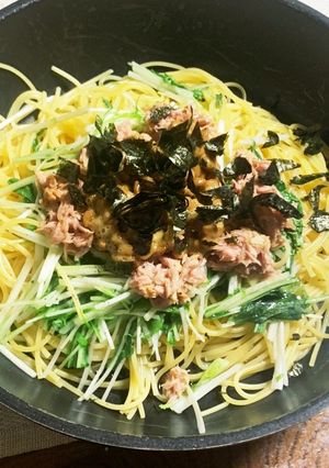 ワンパン！水菜とツナの納豆パスタ-レシピのメイン写真