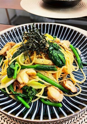 菜の花とベビーホタテのガリバタ醤油パスタ-レシピのメイン写真