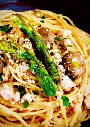 アスパラとキノコと塩豆腐のヘルシーパスタ-レシピのメイン写真