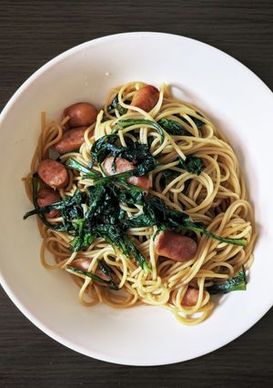 春菊とウインナーのバター醤油パスタ-レシピのメイン写真