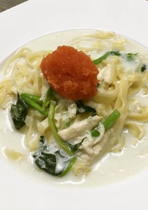 蒸し鶏入り明太クリームパスタ-レシピのメイン写真