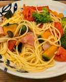 かぼちゃ、トマト、ベーコンのパスタ