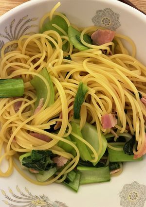 ワンパン　スープパスタ　ベーコン　青梗菜-レシピのメイン写真