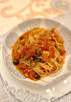 サバ缶でプッタネスカ風スパゲティ-レシピのメイン写真