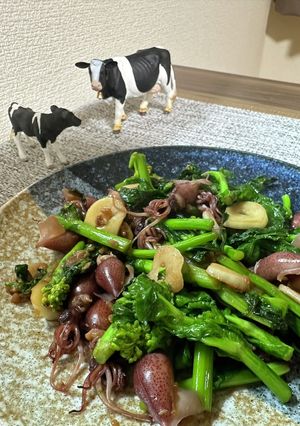 絶品！ホタルイカと菜の花のガリバタ炒め-レシピのメイン写真