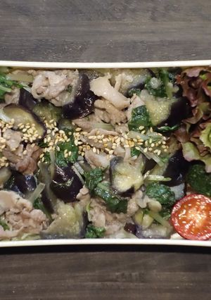 レンジで簡単★豚肉となすと水菜の丼弁当-レシピのメイン写真