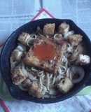 網焼き絹厚揚げ新玉アヒージョ炒焼きうどん