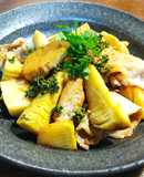 簡単　焼いた豚しゃぶ肉と筍　塩漬け花山椒