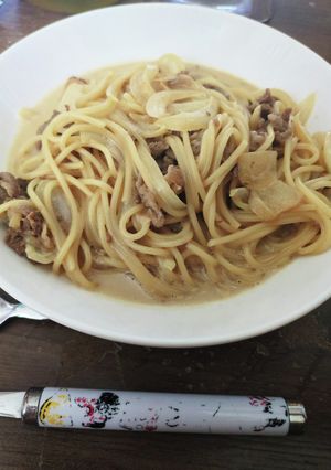 お気に入りの醤油風味 牛肉クリームパスタ-レシピのメイン写真