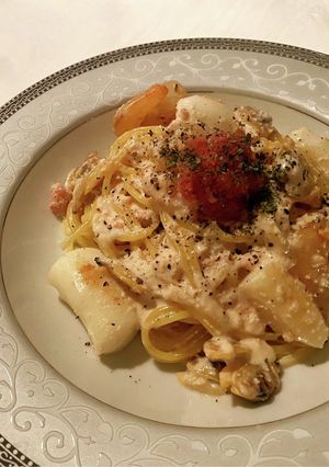 ○シーフードの明太クリームパスタ-レシピのメイン写真