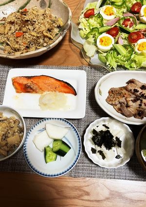 シニア74歳母の食卓5/4シャケ豚肉-レシピのメイン写真