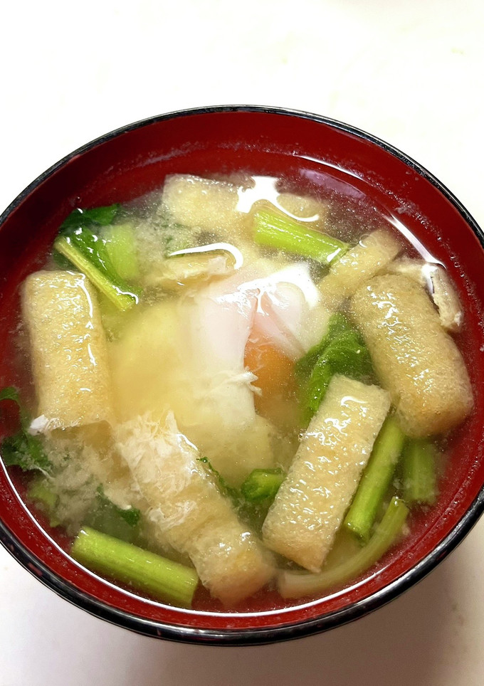 小松菜と油揚げと落とし玉子のお味噌汁-レシピのメイン写真