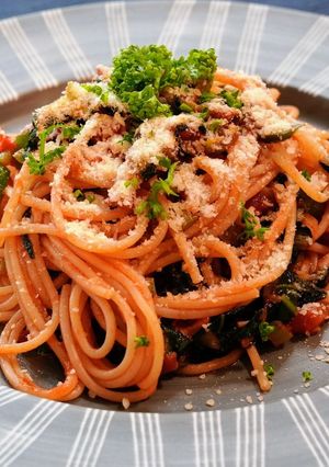 小松菜とベーコンのトマトソースパスタ-レシピのメイン写真