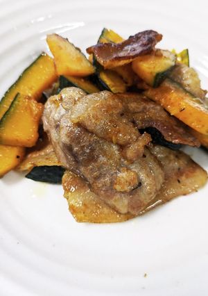 豚バラカルビ肉とかぼちゃのウスター炒め-レシピのメイン写真