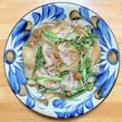 豚バラ肉と大根と水菜とナメコの醤油炒め