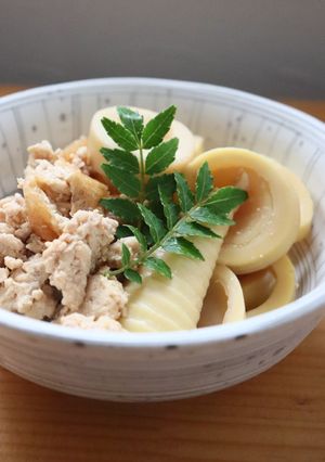 フライパンで鶏ミンチと淡竹と油揚げの煮物-レシピのメイン写真