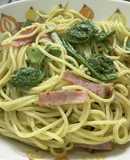 こごみとベーコンのアイヌネギソースパスタ