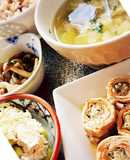 豚肉巻/枝豆豆腐/スープ/ピクルス/玄米