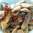 なすの煎り焼きとそばの猫耳朶の蒸し焼き