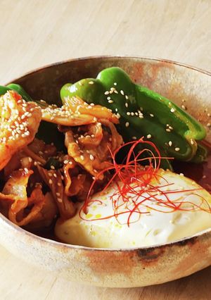 神☆豚バラキムチ豆腐&ピーマンレンジ7分-レシピのメイン写真
